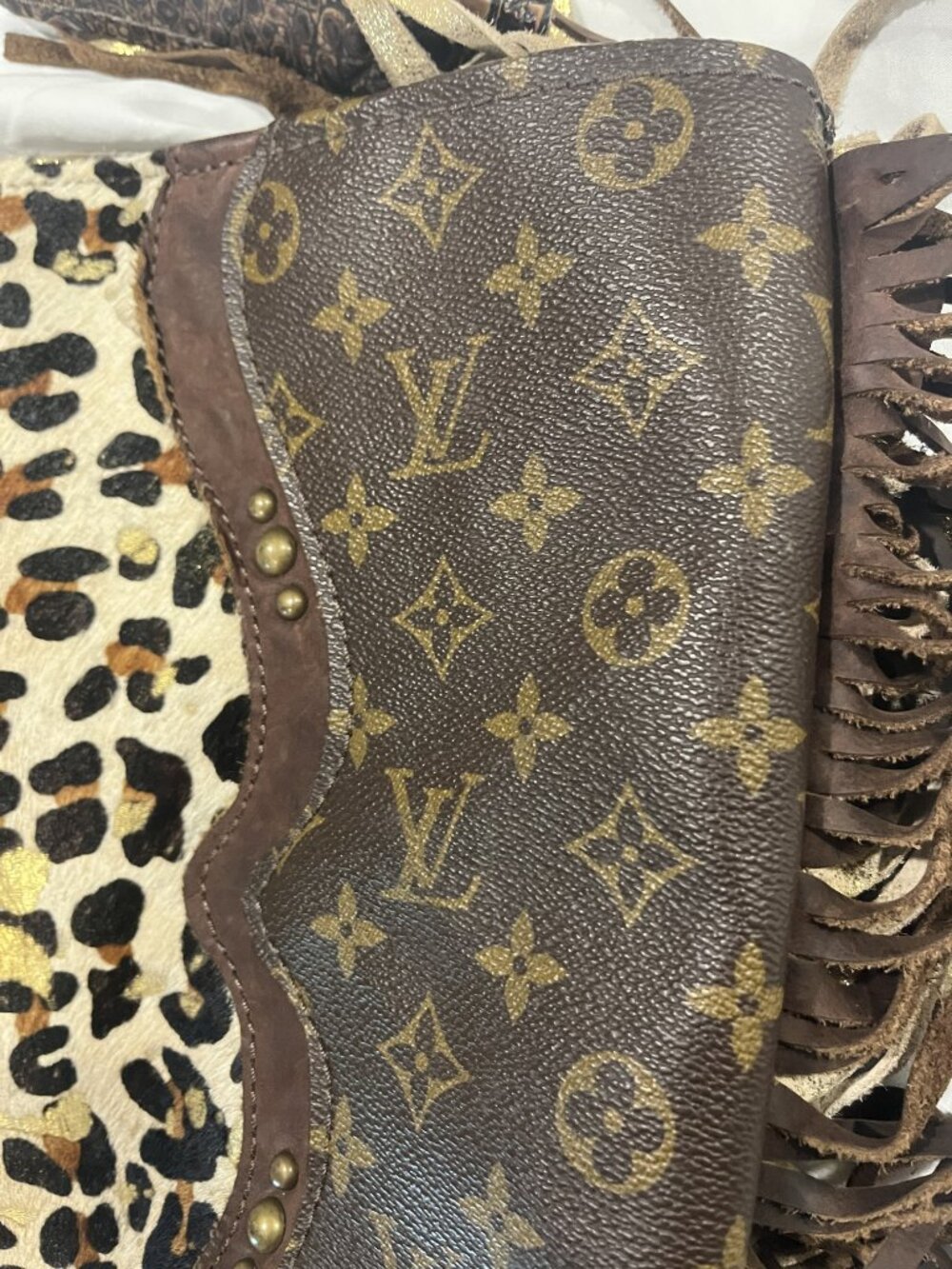 Reworked Louis Vuitton Fringe Bag Leopard Calf Hair Crocodile Embossed Boho - Picture 7 of 12